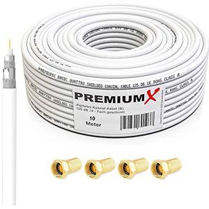PremiumX BASIC Coaxiale Kabel van 10m - Perfecte ontvangst met 135dB viervoudige aluminium afscherming - Compatibel met DVB-S/S2, DVB-C, DVB-T, BK-installaties - Inclusief 4 F-connectoren