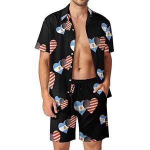 Vlag van Argentinië en Amerikaanse vlag mannen Hawaiiaanse bijpassende set 2-delige outfits button down shirts en shorts voor strandvakantie