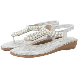 Xytraiihw Damesmode Clip Teen Sandalen, met Parels en Elastische Band Zomerschoenen Casual Comfortabele Slingback Sandalen Ronde Kop Vismond Zomerschoenen Glitter Pantoffels,Zilver,36 EU