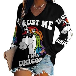 Trust Me I'm A Unicorn1 Damesshirt met V-hals en lange mouwen, casual losse pasvorm blouses