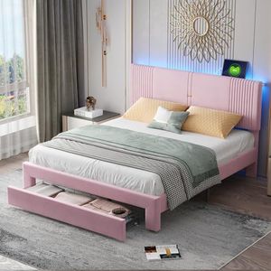 FAYICIC - Gestoffeerd Bed - Beige - Fluwelen Stof - Met Lichtstrip en USB-aansluiting
