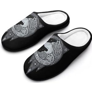 3D Print Viking Wolf Pluche Katoenen Pantoffels voor Unisex, Noorse Mythologie Antislip Warme Huisschoenen voor Slaapkamer Hotel(Color:Black G,Size:40EU-41EU)