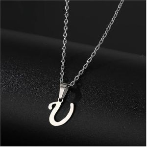 Eenvoudige zilveren kleur 26 letter hanger ketting mode unisex AZ initialen roestvrijstalen choker sleutelbeen ketting sieraden (Style : FN782189)