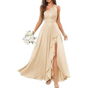 HPPEE Avondjurk met één schouder voor dames, met split en ruches, mouwloos, chiffon, formele avondjurk, Champagne, 32
