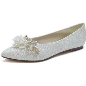 GHSIRUEU Goud Flats Schoenen Vrouwen Glitter Rhinestone Wedding Flats Puntige Teen Slip op Comfortabele Jurk Flats Schoenen voor Dame,ivoor,35 EU