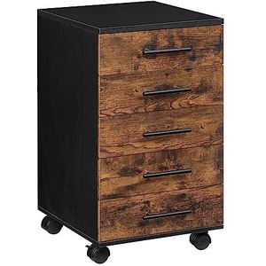 HOOBRO Archiefkast, Rolcontainer met 5 Laden, Houten Bureaukast, Commode Opbergkast, Industriële Stijl, Eenvoudige Montage, Rustiek, Donkerbruin en Zwart EBF05WJ01