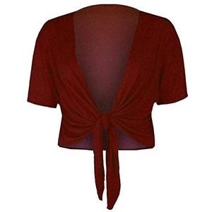 Fashion Essentials Womens Korte Mouwen Plain Tie Up Shrug Dames Stretch Fit Bijgesneden Vest Bolero Top Plus Size, Wijn Rood, 50-52