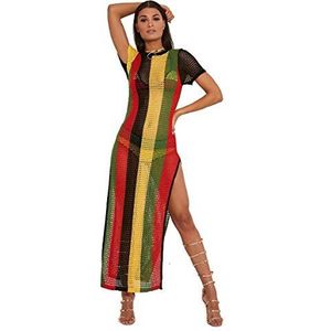 Clossy London 100% katoenen dames rasta Jamaicaanse Work Work string gaasstoffen visnet jurk, spleet doorzichtbare meerkleurige, zwarte, rode, groene gele hip hop danceclub jurk, Rasta, XS