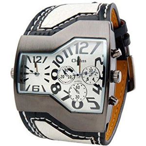 ShoppeWatch Uniek herenhorloge met grote wijzerplaat en dubbele tijdweergave | lederen band met kwartsuurwerk | groot gezicht horloge voor mannen | oversized kledinghorloge, Wite, riem