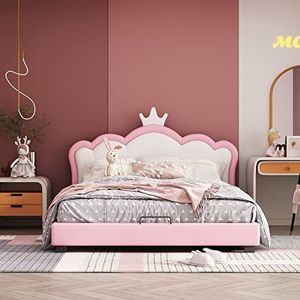 Idemon Kinderbed, gestoffeerd bed, 140 x 200 cm, met lattenbodems en rugleuning, meisjesbed met kroonvorm, roze (matras niet inbegrepen) (140 x 200 cm)