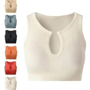 Mouwloos sportvest for dames met navellekkage en borstkussentje. Zeer elastisch, rekbaar en ademend.(Beige,L)
