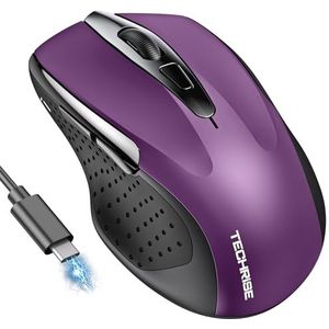 TechRise Bluetooth Muis, 2,4 G Draadloze Muis (BT 5.0/3.0 + 2.4G) 4800 DPI Oplaadbare Ergonomische Muis Met USB-A-Ontvanger, 6 Niveaus DPI Stille Muis voor Laptops, Computer, PC, Windows, Paars