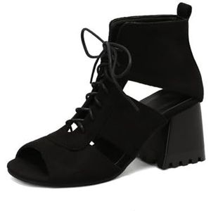 WOkismD Sandalen met hoge hak en open teenpartij, 7 cm, frisse laarzen met modieuze veters, Zwart, 34 EU