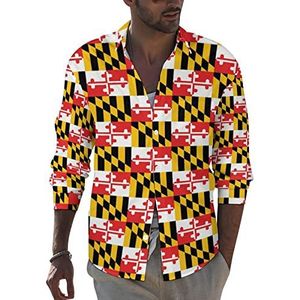 Maryland Flag Heren Revers Shirt Lange Mouw Button Down Print Blouse Zomer Pocket Tees Tops S