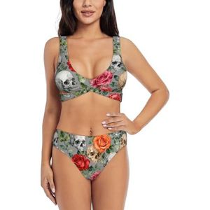 Zelinge Kleurrijke Wrap Front Bikini Top en Hoge Taille Bodem Zomer Badpak Twist Front Badpak S-2XL, Aquarel Rose Leaf Schedels, S