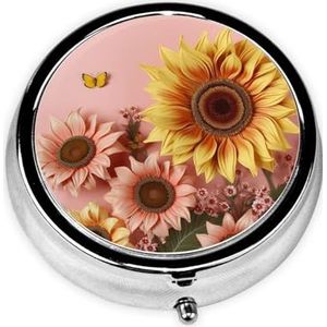 Pillendoos Reizen Pillendoos met 3 Compartimenten Kleine Pillenetui voor Portemonnee & Pocket Draagbare Geneeskunde Organizer Grote Zonnebloem Leuke Ronde Pillencontainer voor Vitaminen Medicatie