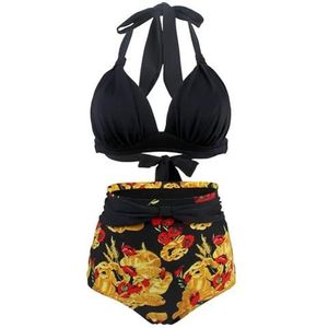 Dames bikiniset vintage bikini set geplooide halter top met hoge taille broekje vrouwen badpak plus size badpak effen / bloemenprint badmode, C-1991-3, S