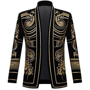 PYJTRL Herenblazer/colbert met goudkleurig borduurwerk, zwart, Gouden bloem, 56