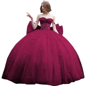 Fuomomo Quinceanera-jurk met dunne bandjes en vlinderglitter, Quinceanera-jurk met vlinders en grote strik, baljurk van kant met parels MT053, bordeauxrood, diep, 42