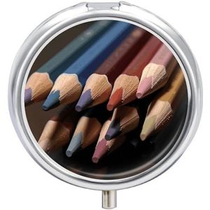 Reispillendoos, rond, kleurrijk, 23 vakken, van metaal, voor medicijnen en vitaminen