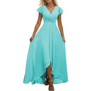 Vrouwen Korte Mouw Bruidsmeisje Jurk Chiffon V-hals Hoge Lage Formele Bruiloft Gast Jurk, Turkoois, 34