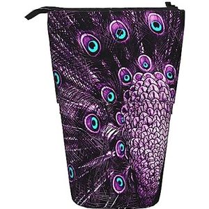 Paarse Pauw Etui Telescopische Make-up Tas Pop Up Office Organizer Box Staande Pen Houder Cosmetica Tas met Ritssluiting, Zwart, Eén maat, Munten Pouch