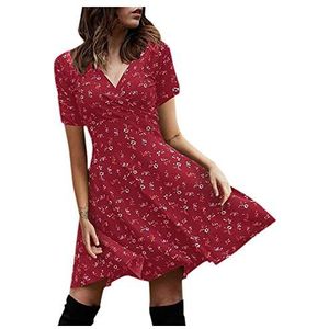 MOMBIY Sexy jurk dames kleine bloemenprint zomerjurk voor dames babydoll jurken bruidsjurk T-shirt jurk ronde hals lange mouwen mini-jurk lang shirt losse tuniek strandjurk, rood A, S