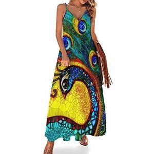Dansende pauw schilderij dames zomer maxi-jurk V-hals mouwloze spaghettiband lange jurk