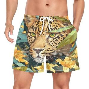 Niigeu Cartoon Leopard Jungle Flowers Zwembroek voor heren, sneldrogend, met zakken, Leuke mode, L