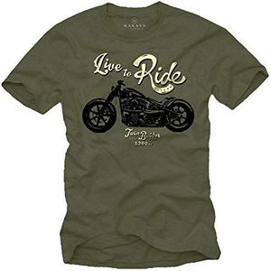 MAKAYA Vintage Biker T-Shirt Heren met Print - Live To Ride Motorkleding Motorfiets Accessoires Groen XL