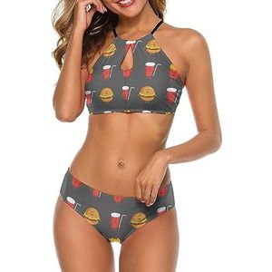 Grappige Frieten Burger En Cola Zwemmen Kostuum Vrouwen Tweedelig Badpak Bikini Set Badpak Terug Cross Tie L