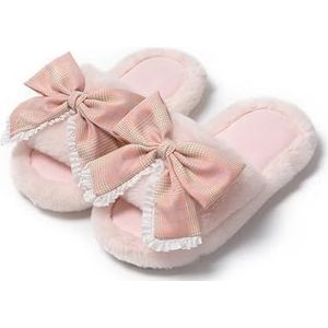 MZSKLW Winter Open Teen Slipper Boog Decor Winter Vrouwen Slipper Hak Platform Zachte Bont Warm Indoor Lady Open Teen Pluizige Thuis Slippers Gezellige Open Teen Sliders, Roze 2, 36/37 EU