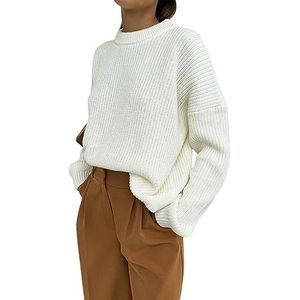 Sawmew Gebreide trui met ronde hals en ronde hals voor dames met lange mouwen en effen kleur Pullover-trui-tops (Color : White, Size : L)