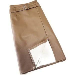 TUOYDJA Leren rok, leren rok voor dames, leren rok, halflange rok, herfst en winter, halflange split, Bruin, XL