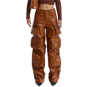 Zwarte Kunstleren Broek For Dames, Hoge Taille, Rechte Wijde Pijpen, Geplooide Broek Met Zakken kunstleer leggings (Color : Brown, Size : XL)