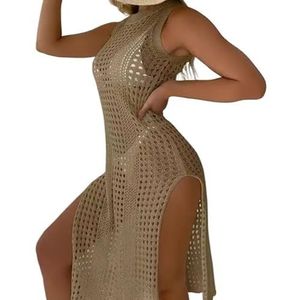 SkyjOy Badpak Dames Hollow Out Crochet Cover Up Swimwear Mouwloze Bikini Jurk Smock Split Sexy Strand Knitwear Solid Swimsuit Badpak Dames Mare (kaki)