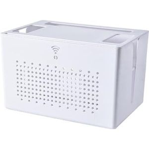 Dubbellaagse wifi-routerorganizer met bovenste plank, verborgen kabelbeheer en ventilatie, witte desktopopslag voor modem en stekkerdozen (wit)