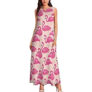 Roze flamingo's damesjurk mouwloze lange maxi-jurk strand swing jurken 2XL