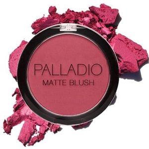 Palladio Matte Blush, Strijkt soepel op de wangen, Zorgt voor een zachte matte uitstraling en een gelijkmatige afwerking, Vlekkeloze fluweelachtige dekking, Gemakkelijk te mengen make-up, Flatteert het gezicht, Handig compact, Velvetine