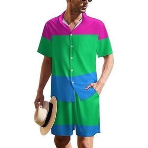 Polysexual Pride Flag LGBT Hawaïaans pak voor heren, set van 2 stuks, strandoutfit, shirt en korte broek, bijpassende set