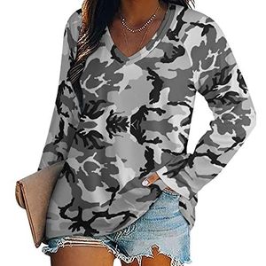 Grijze Camouflage Nieuwigheid Vrouwen Blouse Tops V-hals Tshirt Voor Legging Lange Mouw Casual Pullover