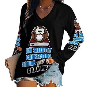 Uil corrigeren van je grammatica nieuwigheid dames blouse tops V-hals tuniek t-shirt voor legging lange mouw casual trui