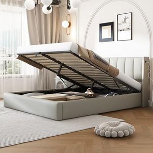 Idemon Gestoffeerd bed, hydraulisch, met oplaadbare USB-poort in bed, met lichtbalk, met opbergruimte, verstelbaar hoofdeinde, jeugd- en volwassenenbedden, PU, grijs (140 x 200 cm)