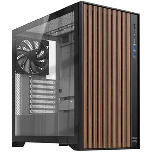 NEWWAY - 2024 Nieuw - NW1 PC-behuizing met houten voorkant - Midtower compatibel met ATX/Micro-ATX/ITX - Type C USB - Inclusief ventilatoren 3x140MM PWM - Zijpaneel gehard glas (zwart)