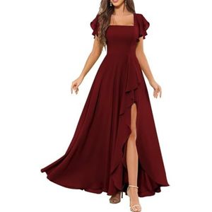 Chiffon galajurken met spleetplooien, bruidsmeisjesjurken voor bruiloft, cocktailjurk, grote maten, Bordeaux, 32