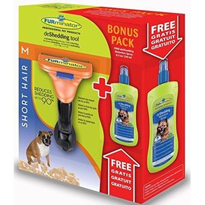 FURminator DeShedding Tool Brush voor middelgrote honden, kort haar, bonus verpakking. Vrij van Shedding Waterless Spray 250 ml. GENUINE PRODUCT