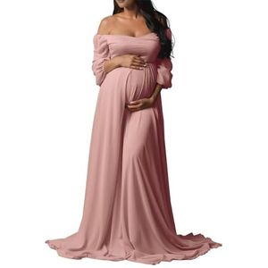 Vrouwen Off Shoulder Lange Mouw Zwangerschap Fotoshoot Chiffon Moederschap Fotografie Baby Douche Jurk MAHL023, Dusty Roze, 50 grote maten