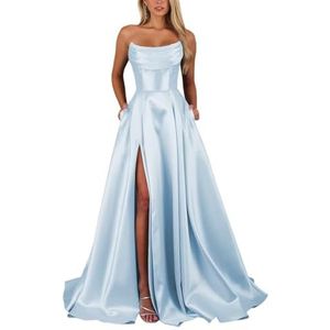 KIYNE Strapless satijnen baljurk voor dames, met splitzakken, A-lijn, baljurk lang, formele avondjurk, Lichtblauw, 32