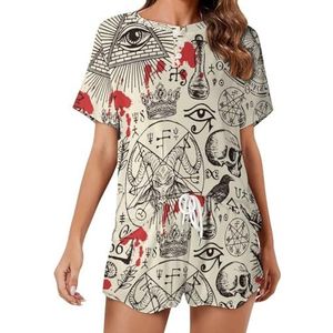 Egypte Thema Occultisme In Retro Stijl Zachte Vrouwen Pyjama Korte Mouw Pyjama Loungewear met Zakken Gift voor Thuis Strand XL