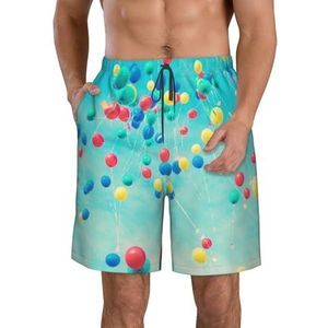 Kleurrijke ballonnen blauwe hemelprint strandshorts voor heren - lichtgewicht, sneldrogende zwembroek met trekkoord en zakken, Wit, XL
